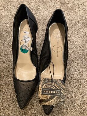 Jessica Simpson Pylise Black 7.5 Rhinestone Mesh Pumps Heels Shoes NWOB